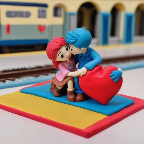 red and blue heart on railway,red heart on railway,marzipan figures,wooden train,wooden toys,toy photos,wooden toy,clay animation,wooden railway,pda,glowing red heart on railway,romantic scene,lego pastel,french valentine,couple in love,plasticine,toy train,valentine gnome,st valentin,coupling,Unique,3D,Clay