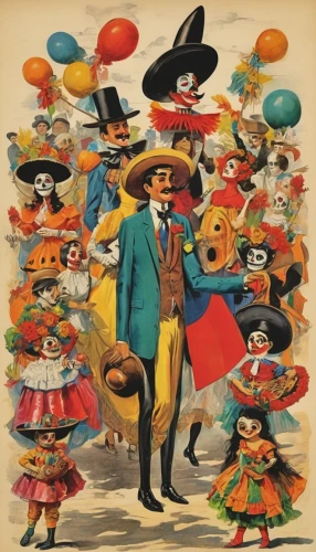 el salvador dali,vintage illustration,vaudeville,pinocchio,mary poppins,pandero jarocho,basler fasnacht,the carnival of venice,rodeo clown,the pied piper of hamelin,cirque,cirque du soleil,ringmaster,circus,throwing hats,juggling club,mexican calendar,fête,mariachi,marzipan figures,Illustration,Black and White,Black and White 25