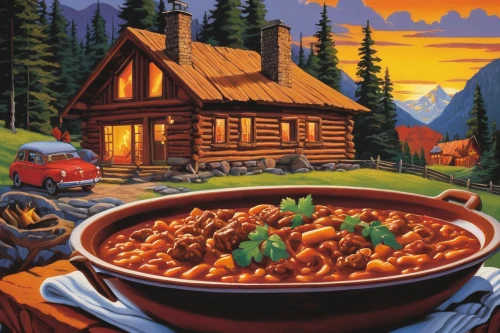 beef goulash,goulash,taco soup,chili,pasta e fagioli,bolognese,western food,chili con carne,cowboy beans,étouffée,bird's eye chili,chana masala,southwestern united states food,cooking book cover,lentil soup,alpine restaurant,pozole,pasta and beans,red chili,cincinnati chili,Illustration,American Style,American Style 05