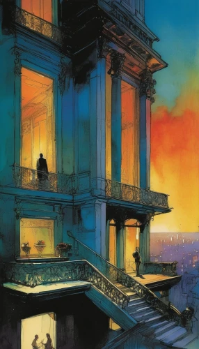 watercolor paris balcony,fire escape,paris balcony,evening atmosphere,rome night,hashima,havana,apartment house,italian poster,city in flames,tenement,balconies,vittoriano,in the evening,evening city,apartment block,rear window,vertigo,an apartment,travel poster,Illustration,Paper based,Paper Based 12