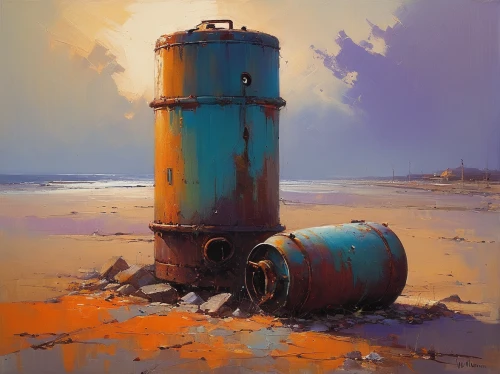 oil tank,diving bell,water tank,tankerton,oil drum,safety buoy,life buoy,fuel tank,storage tank,gas tank,cylinders,buoy,submersible,watertower,semi-submersible,rusting,water hydrant,james handley,hydrant,rust-orange,Conceptual Art,Sci-Fi,Sci-Fi 22