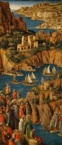 landscape with sea,coastal landscape,sea landscape,the mediterranean sea,boat landscape,botticelli,kunsthistorisches museum,small boats on sea,mediterranean sea,constantinople,meticulous painting,holbein,robert duncanson,acqua pazza,carpaccio,boats in the port,orientalism,regatta,boats,beach landscape,Art,Classical Oil Painting,Classical Oil Painting 19