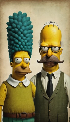 homer simpsons,homer,flanders,ernie and bert,mobster couple,american gothic,caper family,grandparents,herring family,wright brothers,man and wife,hipsters,minions,eurythmics,old couple,oddcouple,simson,characters,vintage man and woman,parents,Illustration,Realistic Fantasy,Realistic Fantasy 35