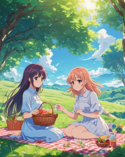 picnic,picnic basket,springtime background,citrus,picnic table,spring background,summer day,playing outdoors,idyllic,picking flowers,summer background,family picnic,idyll,tea party,forest background,outdoors,breakfast outside,on the grass,spring leaf background,leaf background,Illustration,Japanese style,Japanese Style 03