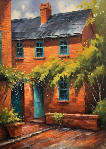 lincoln's cottage,house painting,dublin,cottages,blue door,summer cottage,cottage,birch alley,old houses,row houses,brick house,woman house,old town house,small house,old house,little house,fisherman's house,oil painting,country cottage,oil on canvas,Conceptual Art,Oil color,Oil Color 22