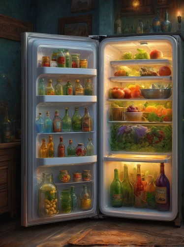 fridge,refrigerator,frozen food,freezer,frozen vegetables,cupboard,pantry,potions,coolers,food storage,compartments,cartoon video game background,apothecary,fridge lock,frozen dessert,frozen drink,game illustration,children's background,china cabinet,inventory,Art,Classical Oil Painting,Classical Oil Painting 18