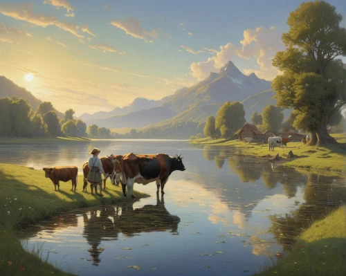 allgäu brown cattle,mountain cows,bernese oberland,simmental cattle,oxen,cows on pasture,alpine cow,holstein-beef,holstein cattle,mountain pasture,canton of glarus,rural landscape,pasture,bernese alps,cows,meadow landscape,idyllic,idyll,landscape background,lake lucerne region,Illustration,Realistic Fantasy,Realistic Fantasy 44