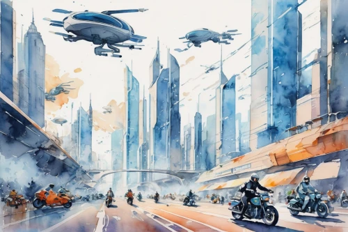 valerian,sci fiction illustration,futuristic landscape,dystopian,sci-fi,sci - fi,sci fi,scifi,futuristic,dystopia,motorcycles,helicopters,patrols,tau,invasion,cg artwork,apocalypse,airships,bike city,fleet and transportation,Illustration,Paper based,Paper Based 25