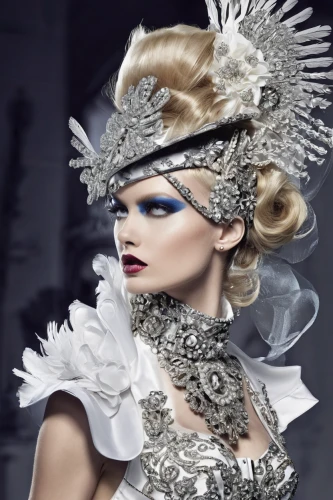 the carnival of venice,headdress,feather headdress,bridal accessory,venetian mask,headpiece,gothic fashion,bridal clothing,suit of the snow maiden,bridal jewelry,the snow queen,masquerade,white swan,haute couture,fashion design,white rose snow queen,mourning swan,ice queen,fashion illustration,victorian lady,Photography,Fashion Photography,Fashion Photography 03