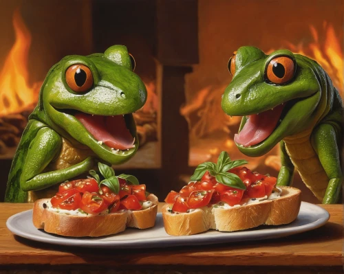 bruschetta,toasts,kawaii frogs,hors d'oeuvre,shrimp toast,hors' d'oeuvres,tree frogs,culinary art,frog background,frogs,tlacoyo,open sandwich,toasting,jalapenos,toad in the hole,canapes,holiday food,toad in hole,jazz frog garden ornament,canapé,Illustration,Realistic Fantasy,Realistic Fantasy 32