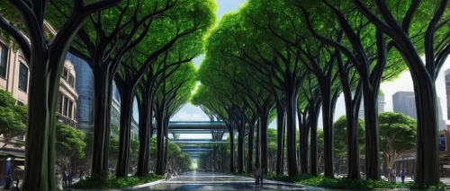 tree-lined avenue,tree lined lane,tree lined path,tree canopy,tunnel of plants,tree lined,green trees,bicycle path,avenue,green forest,futuristic landscape,tree grove,forest road,plant tunnel,row of trees,virtual landscape,sky tree,greenforest,bamboo forest,cartoon forest,Illustration,American Style,American Style 01