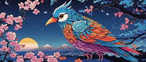 blue birds and blossom,flower and bird illustration,blue bird,spring bird,night bird,bird illustration,nocturnal bird,bird painting,blue parrot,bird kingdom,ornamental bird,bird bird kingdom,songbirds,bluebird,bluejay,colorful birds,nature bird,decoration bird,song bird,an ornamental bird,Illustration,Japanese style,Japanese Style 04