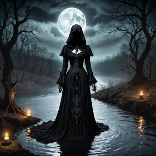 gothic woman,grimm reaper,sorceress,the night of kupala,dark art,gothic dress,the witch,dark gothic mood,dance of death,grim reaper,priestess,gothic,mirror of souls,gothic fashion,witch house,gothic style,blackmetal,queen of the night,dark angel,divination,Illustration,Realistic Fantasy,Realistic Fantasy 46