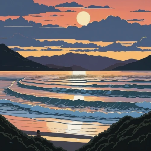 tofino,coast sunset,seascape,beach landscape,nz,coastal landscape,south island,sunset beach,sunrise beach,sea landscape,mountain beach,carol colman,sand coast,new zealand,punakaiki,sun and sea,taranaki,dune sea,beach scenery,golden sands,Illustration,Vector,Vector 10