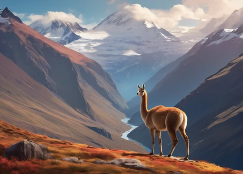 guanaco,altiplano,mountain sheep,alpine ibex,elk,mountain pasture,mountain tundra,deer illustration,autumn mountains,llamas,mountain spirit,the spirit of the mountains,high alps,mountain scene,vicuña,llama,world digital painting,elk reposing on lateral moraine,mountain landscape,camelid,Conceptual Art,Fantasy,Fantasy 02