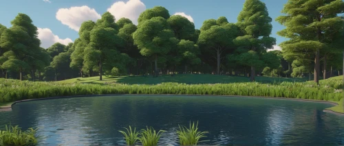 pond,green forest,golf course background,green landscape,swampy landscape,green meadow,virtual landscape,green valley,riparian forest,landscape background,salt meadow landscape,green trees with water,wetland,3d rendered,cartoon video game background,river pines,forest glade,wetlands,garden pond,the golfcourse,Illustration,Vector,Vector 12