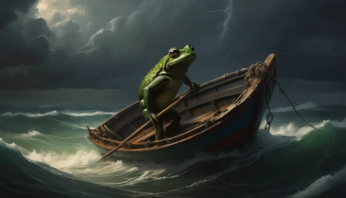 patrol,shipwreck,frog background,god of the sea,rotten boat,the storm of the invasion,amphibious,row row row your boat,amphibian,el mar,at sea,jon boat,crock,rowboat,swamp football,frog through,adrift,aaa,boat wreck,kermit,Conceptual Art,Oil color,Oil Color 11