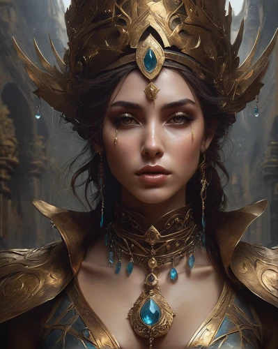 fantasy portrait,golden crown,artemisia,cleopatra,fantasy art,priestess,gold crown,athena,female warrior,sorceress,warrior woman,the enchantress,fantasy woman,crowned,jaya,gold jewelry,queen crown,diadem,crown render,blue enchantress,Conceptual Art,Fantasy,Fantasy 11