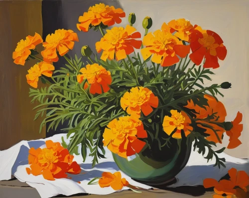 marigolds,orange marigold,orange flowers,tagetes,flower marigolds,orange roses,sunflowers in vase,still life of spring,marigold,english marigold,red orange flowers,orange red flowers,the garden marigold,pot marigold,tagetes flower,orange tulips,marigold flower,flower painting,garden marigold,carol colman,Art,Artistic Painting,Artistic Painting 41