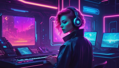 cyberpunk,cyber,80s,futuristic,echo,music player,music background,girl at the computer,dj,cyberspace,80's design,electronic,operator,neon human resources,synthesizer,midi,coder,neon,scifi,ultraviolet,Illustration,Realistic Fantasy,Realistic Fantasy 15