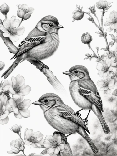 flower and bird illustration,birds on a branch,birds on branch,sparrows,finches,bird drawing,bird illustration,songbirds,small birds,line art birds,bird pattern,bird painting,american rosefinches,chaffinch females,house finches,magnolia warbler,american tree sparrow,little birds,sparrows family,garden birds,Illustration,Black and White,Black and White 35