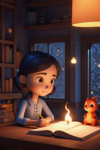 visual effect lighting,cute cartoon character,clay animation,girl studying,kids illustration,animator,animation,3d render,digital compositing,cinema 4d,tutor,child with a book,cute cartoon image,cg artwork,character animation,3d fantasy,burning candle,animated cartoon,scene lighting,child's diary,Unique,3D,3D Character