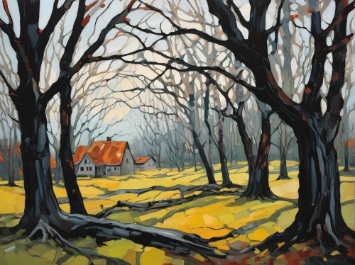 autumn landscape,house in the forest,beech trees,halloween bare trees,fall landscape,forest landscape,autumn trees,autumn forest,late autumn,carol colman,farmer in the woods,winter landscape,home landscape,row of trees,rural landscape,trees in the fall,wooden hut,cottage,the trees in the fall,autumn idyll,Conceptual Art,Oil color,Oil Color 08