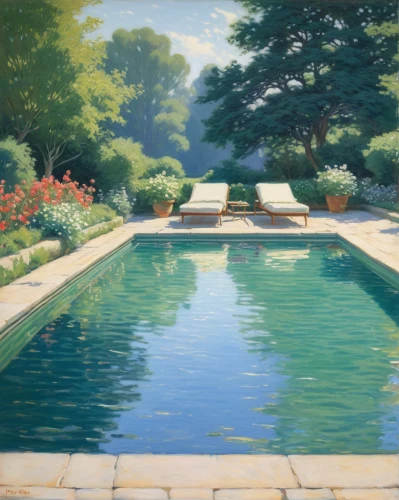outdoor pool,garden pond,swimming pool,lilly pond,koi pond,pool water,fountain pond,pool,english garden,pool of water,crescent spring,pool water surface,reflecting pool,straight pool,oasis,swim ring,pool house,l pond,idyllic,pond,Art,Classical Oil Painting,Classical Oil Painting 15