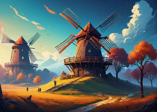 the windmills,windmill,windmills,dutch windmill,fantasy landscape,dutch landscape,wind mills,wind mill,old windmill,autumn landscape,world digital painting,autumn background,landscape background,rural landscape,historic windmill,fantasy picture,windmill gard,fall landscape,autumn day,fantasy art,Conceptual Art,Fantasy,Fantasy 21