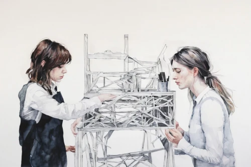 scaffolding,easel,connections,chairlift,constructing,telephone operator,connected,transmission tower,meticulous painting,frame drawing,painting work,installation,shirakami-sanchi,scaffold,postmasters,bell jar,two girls,work on line,oil on canvas,underconstruction,Illustration,Paper based,Paper Based 20