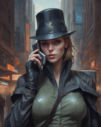 black hat,leather hat,police hat,the hat-female,policewoman,spy,top hat,on the phone,cyberpunk,cell phone,catwoman,telephone operator,femme fatale,inspector,bowler hat,detective,hat,girl wearing hat,the hat of the woman,agent,Conceptual Art,Fantasy,Fantasy 01