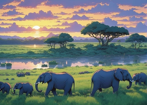 african elephants,elephant herd,cartoon elephants,african elephant,elephants,serengeti,africa,blue elephant,east africa,african bush elephant,elephant camp,botswana,tsavo,elephantine,tanzania,elephants and mammoths,rwanda,baby elephants,kenya africa,watering hole,Illustration,Japanese style,Japanese Style 14