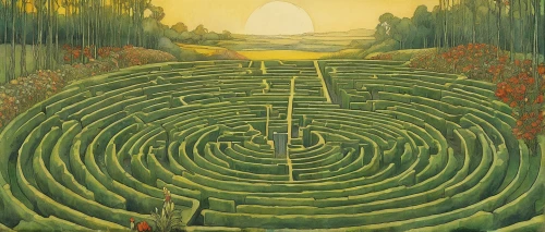 maze,labyrinth,the mystical path,the path,secret garden of venus,pachamama,the way of nature,zen garden,the luv path,permaculture,winding road,meander,pathway,vegetable field,winding steps,somtum,the way,root chakra,anahata,vipassana,Illustration,Retro,Retro 19