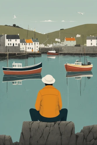 breton,cadaques,galician,harbour,man at the sea,fishing trawler,olle gill,bodø,fisherman,rowing boats,finistère,isle of mull,people fishing,fishing boats,small boats on sea,mull,llanes,fishing classes,boats,harbor,Illustration,Japanese style,Japanese Style 08