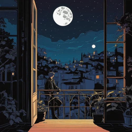 japan's three great night views,shirakami-sanchi,night scene,cd cover,sci fiction illustration,midnight,cover,moon phase,moonlit night,studio ghibli,clear night,overlook,at night,house silhouette,the night sky,lunar,moonlight,night administrator,moon night,nocturnal,Illustration,Vector,Vector 02