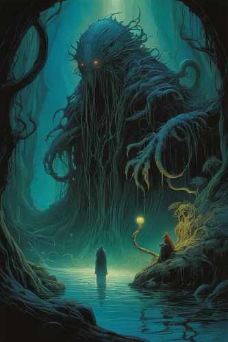 sci fiction illustration,cuthulu,the collector,god of the sea,abyss,deep sea,the bottom of the sea,mirror of souls,undersea,nuphar,maelstrom,hollow way,sea god,angler,sea monsters,encounter,kraken,pall-bearer,bottom of the sea,apiarium,Illustration,Realistic Fantasy,Realistic Fantasy 04