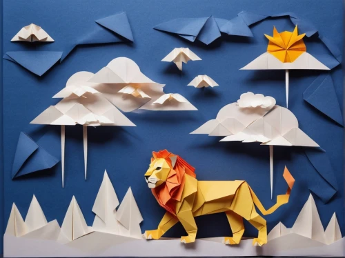 paper art,origami paper,whimsical animals,forest king lion,construction paper,woodland animals,forest animals,low-poly,low poly,the lion king,lion king,origami,diorama,cardboard background,king of the jungle,lion,animal shapes,puppet theatre,anthropomorphized animals,lion - feline,Unique,Paper Cuts,Paper Cuts 02
