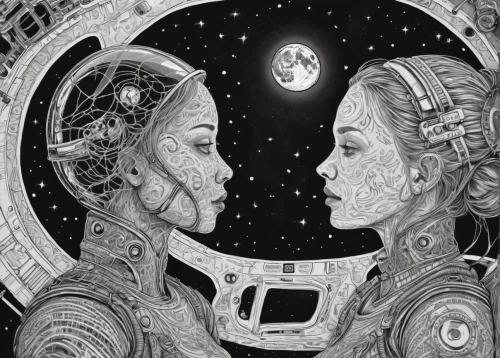 sci fiction illustration,celestial bodies,binary system,space art,inner space,into each other,sci fi,gemini,the moon and the stars,andromeda,moon phase,lunar phases,connections,astronautics,parallel worlds,orbiting,sci-fi,sci - fi,man and woman,scifi,Illustration,Black and White,Black and White 11