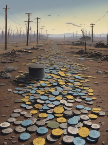 post-apocalyptic landscape,wasteland,road forgotten,manhole,pot hole,spills,arid land,tire track,scattered,manhole cover,fallout4,crossroads,oil track,paved square,oil barrels,trash land,arid landscape,post apocalyptic,paving stones,mushroom landscape,Art,Artistic Painting,Artistic Painting 48