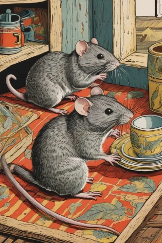 vintage mice,white footed mice,mice,mousetrap,rodents,book illustration,mouse trap,ratatouille,many teat mice,rats,baby rats,rodentia icons,straw mouse,dinner for two,white footed mouse,whimsical animals,anthropomorphized animals,mouse,gray animal,year of the rat,Art,Artistic Painting,Artistic Painting 50
