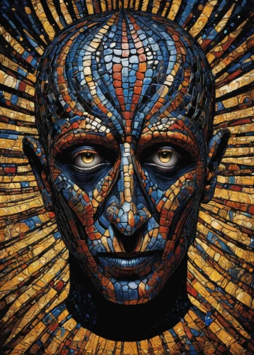 mosaic,mosaic glass,mosaics,png sculpture,fractalius,buddha,helios,tapestry,woven,sun god,pachamama,tutankhamun,terracotta,gemini,multicolor faces,computer art,shaman,shamanic,head woman,ancient icon,Illustration,Realistic Fantasy,Realistic Fantasy 33