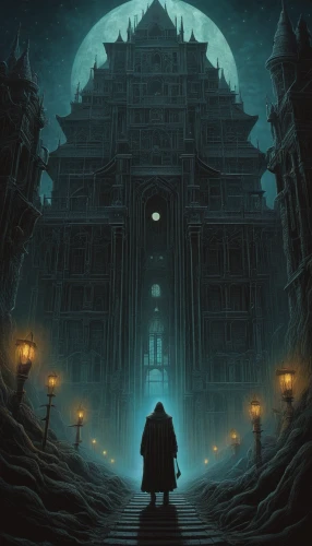 ghost castle,castle of the corvin,haunted cathedral,hall of the fallen,haunted castle,sci fiction illustration,witch's house,mortuary temple,game illustration,the threshold of the house,necropolis,witch house,house silhouette,monastery,ancient city,fantasy city,the haunted house,dungeons,clockmaker,knight's castle,Illustration,Realistic Fantasy,Realistic Fantasy 44