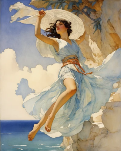 the wind from the sea,flying girl,wingert,gracefulness,little girl in wind,mucha,art deco woman,capri,aegean,leaping,fairies aloft,lilian gish - female,asher durand,wind,apulia,balearica,winds,the sea maid,positano,flying,Illustration,Paper based,Paper Based 23