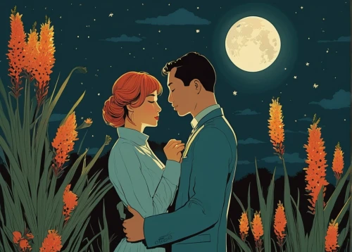 honeymoon,the moon and the stars,vintage couple silhouette,young couple,the night of kupala,romantic scene,wedding couple,sci fiction illustration,vintage illustration,falling stars,stargazing,fireflies,vector illustration,romantic portrait,stars and moon,romantic night,digital illustration,wedding icons,moon and star,in the tall grass,Illustration,Vector,Vector 03