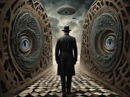 panopticon,the illusion,clockmaker,clockwork,sci fiction illustration,surrealism,all seeing eye,photo manipulation,watchmaker,time traveler,freemasonry,parallel worlds,investigator,photomontage,saucer,photomanipulation,wormhole,biomechanical,optical ilusion,holmes,Illustration,Realistic Fantasy,Realistic Fantasy 40