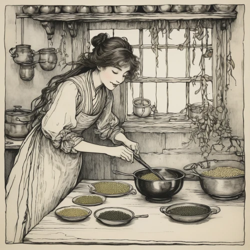 kate greenaway,girl in the kitchen,cookery,woman holding pie,candlemaker,tureen,arthur rackham,food preparation,food and cooking,girl with cereal bowl,cheesemaking,vintage illustration,ceramic hob,laundress,singingbowls,pouring tea,vintage drawing,cooking vegetables,cooking pot,girl with bread-and-butter,Illustration,Retro,Retro 25