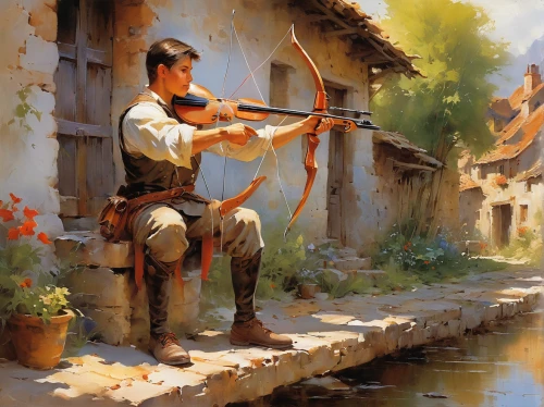 violin player,violinist,violin,playing the violin,banjo player,violinists,rifleman,violist,cellist,concertmaster,italian painter,archery,bagpipe,fisherman,erhu,woman playing violin,fiddle,violin woman,the flute,string instrument,Conceptual Art,Oil color,Oil Color 03