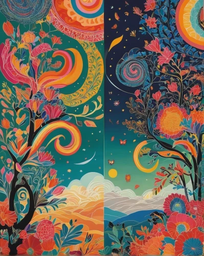 colorful tree of life,tree toppers,kimono fabric,tree tops,sun and moon,tapestry,day and night,hippie fabric,seasons,colorful stars,4 seasons,fruit fields,autumn trees,four seasons,kaleidoscope art,apple trees,color fields,the trees,fabric painting,flora abstract scrolls,Illustration,Abstract Fantasy,Abstract Fantasy 08