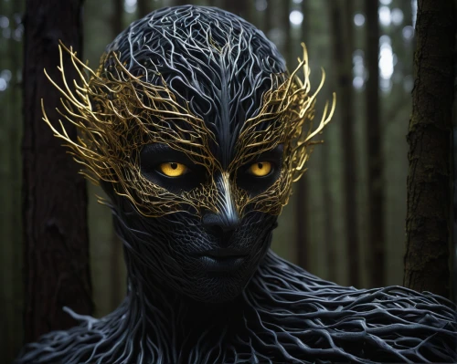 forest man,yellow eyes,dryad,dark elf,forest animal,forest dragon,golden mask,fantasy portrait,golden crown,golden root,tree crown,tree man,avatar,wood elf,black warrior,shamanic,forest dark,gold mask,the enchantress,black dragon,Photography,Artistic Photography,Artistic Photography 11