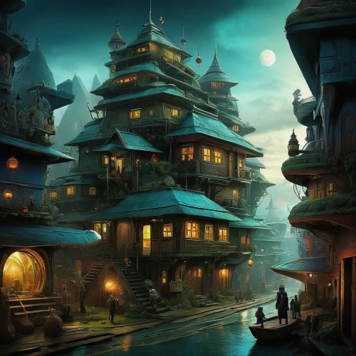 ancient city,asian architecture,chinese architecture,fantasy landscape,fantasy city,world digital painting,chinese temple,fantasy picture,fantasy art,ancient house,forbidden palace,chinese background,cartoon video game background,spa town,ancient buildings,japanese architecture,3d fantasy,fantasy world,wooden houses,korean folk village,Illustration,Abstract Fantasy,Abstract Fantasy 01